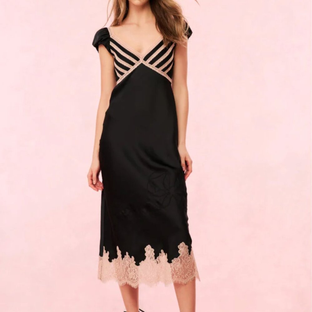 LoveShackFancy Black and Blush Lace-Trim Midi Dress